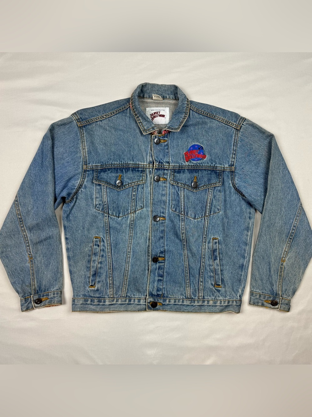 Vtg 90s Planet Hollywood Women’s Jean Trucker Jacket Sz 12 Embroidered C3